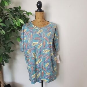 New Lularoe Irma Blue Bird Feather Boho Short Sleeve Shirt XS
